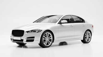 Naklejka premium Luxury Sedan on Display: A sleek, silver luxury sedan is showcased against a clean backdrop, highlighting its elegant design and sophisticated profile.