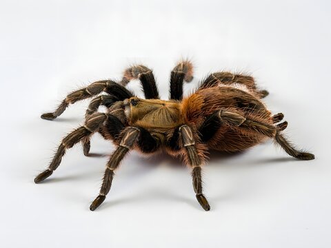 Close-up macro shot of a hairy brown tarantula spider isolated on white background