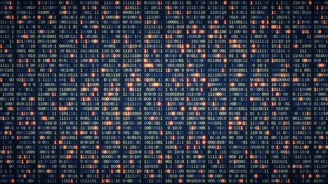 Looped 3D animation of binary numbers glowing in blue and orange across a dark digital screen. Abstract technology background for AI, big data, coding, networks and cybersecurity.
