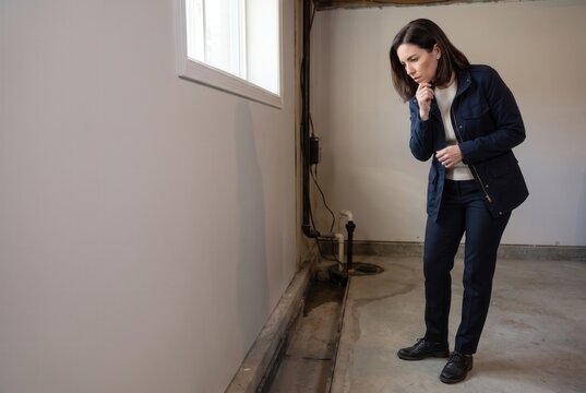 Woman standing in a basement, looking down at a drainage trench with water
