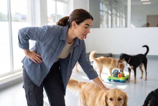 Woman making funny face while interacting with golden retriever puppies in a dog care facility