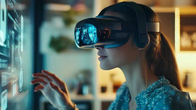 A woman wearing a virtual reality headset and using technology.
