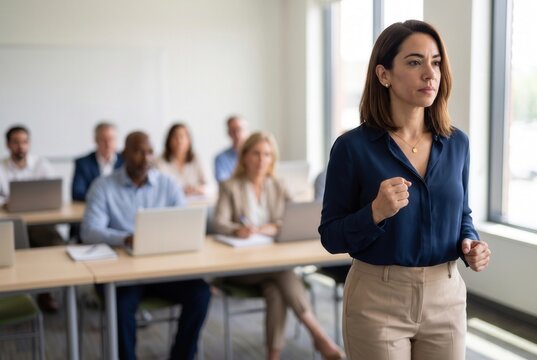 Businesswoman presenting to a group of professionals during a corporate training seminar