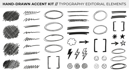 Charcoal strikethrough underline scribble lines and rough oval marker circles collection. Hand drawn pen brush strokes, highlight stripes, doodle emphasis shapes and vector illustration © Supernova