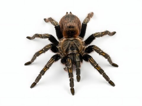 Close-up macro shot of a large brown hairy tarantula spider isolated on white background