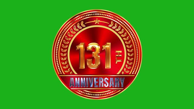 Exquisite 131st anniversary golden emblem on ruby red textured background with specular highlight lighting 4k video