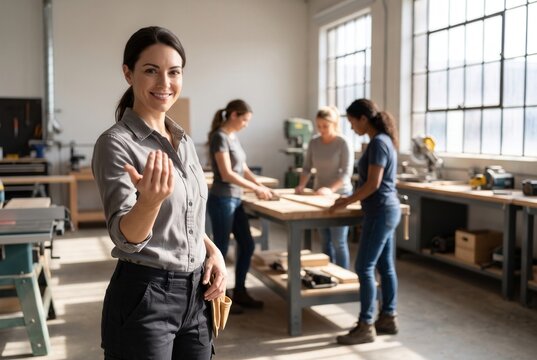 Happy woman inviting to join a female group learning carpentry skills in a workshop