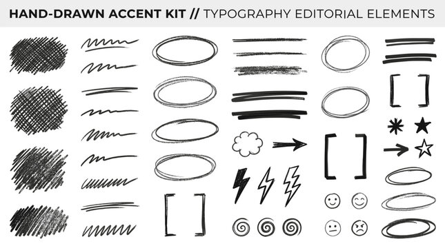 Charcoal strikethrough underline scribble lines and rough oval marker circles collection. Hand drawn pen brush strokes, highlight stripes, doodle emphasis shapes and vector illustration