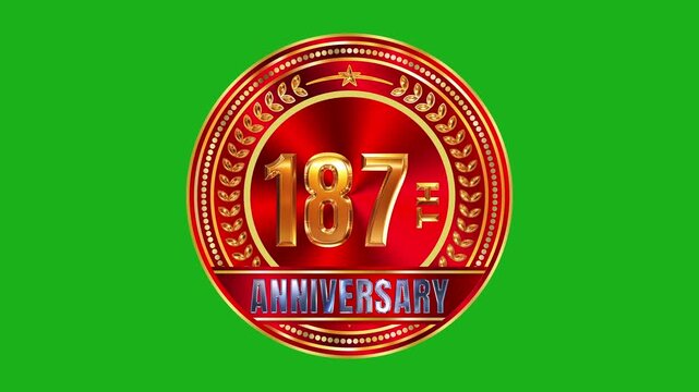 Polished 187th anniversary gold seal rendered on deep red brushed metal surface with ambient light reflections 4k video