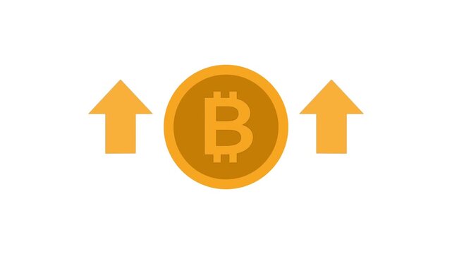 Bit coin Coin with Up Arrows for Price Growth Concept. gold bit coin coin flanked by rising orange arrows