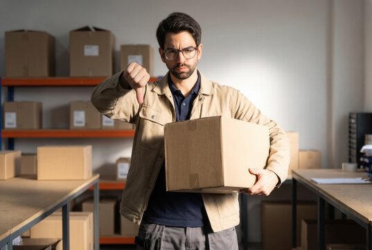 Man in a warehouse expressing disapproval with a package and thumbs down gesture