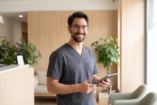 Male doctor wearing scrubs standing in a bright hospital waiting area