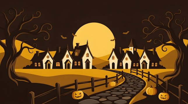 Cozy brown tone Halloween vector illustration with spooky village, glowing full moon, stone path and jack o lanterns