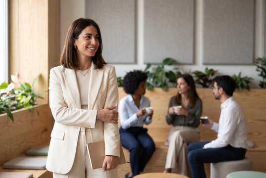 Professional woman holding a tablet, smiling and looking away while colleagues talk in the background
