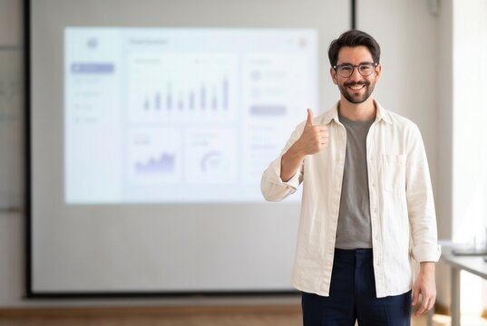 Young businessman standing in office, smiling, showing success and achievement