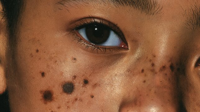 Close-up portrait featuring the facial area of an individual, showcasing natural skin texture with various hyperpigmentation spots and freckles around the eye and cheek