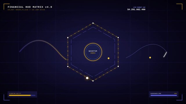 Futuristic Motion Visualization of Geometric Shapes and Data Networks in Space Scene.
