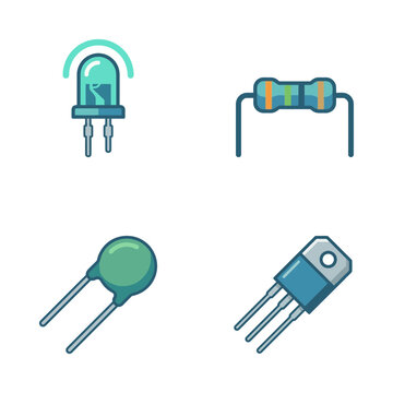 Electronic components shown as flat vector icons including diodes and resistors.