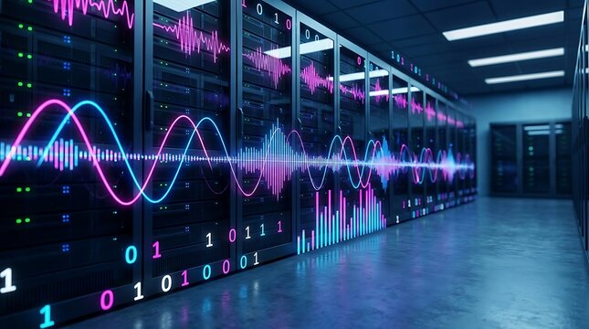 Data center server racks with glowing digital waveform visualization and binary code