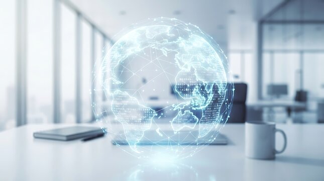 Digital globe hologram representing global business connectivity in modern office background