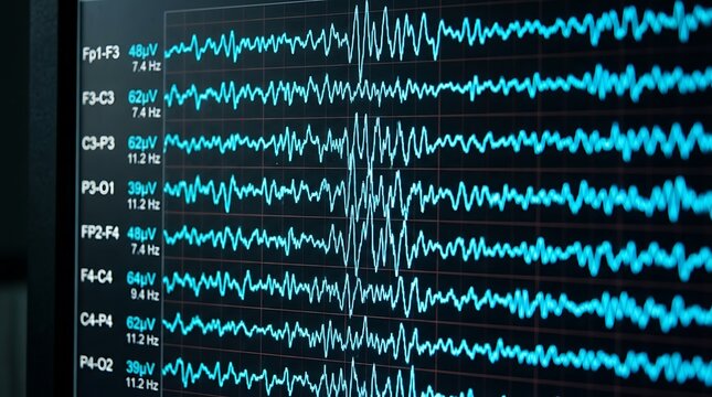 EEG Brain Wave Monitor Display Showing Real Time Neural Activity Data in Medical Laboratory