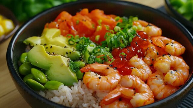 A vibrant sushi bowl filled with shrimp, avocado, edamame, red onions, and white rice drizzled with a spicy sauce on a wooden table.