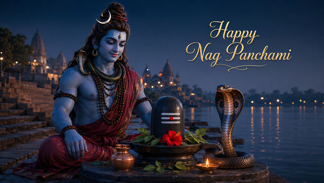 Hindu god mahadev sitting peacefully beside a dark shiv lingam and cobra near the river ghats during the holy nag panchami festival