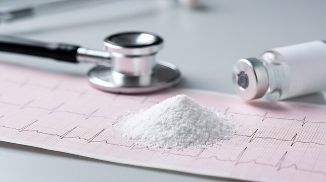 Medical stethoscope and medication vial on heart rhythm chart with white powder on clinic table