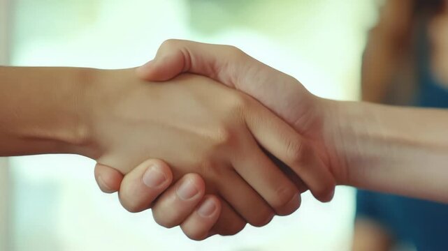 Two hands shaking in front of a blurred background, symbolizing agreement or transaction.