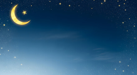 Naklejka premium Crescent moon and stars against a dark blue night sky with a starry background