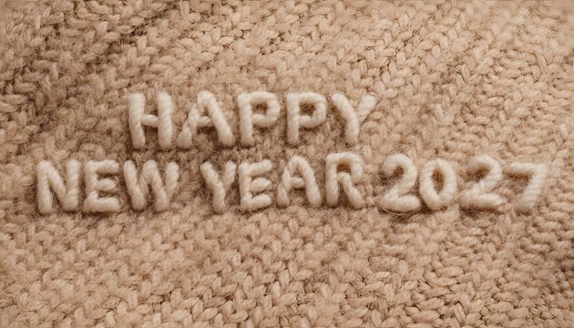 Happy New Year 2027 text embroidered on soft beige knitted wool fabric background