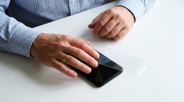 Hands applying screen protector to smartphone, close-up view