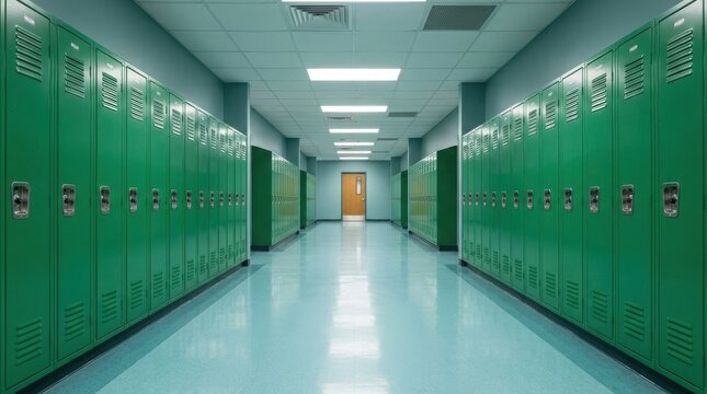 A long school hallway with rows of green lockers and bright lighting