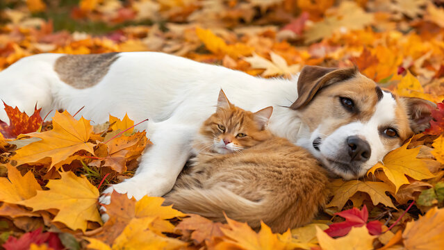 Cute dog and ginger cat cuddling together in a pile of colorful autumn fall leaves