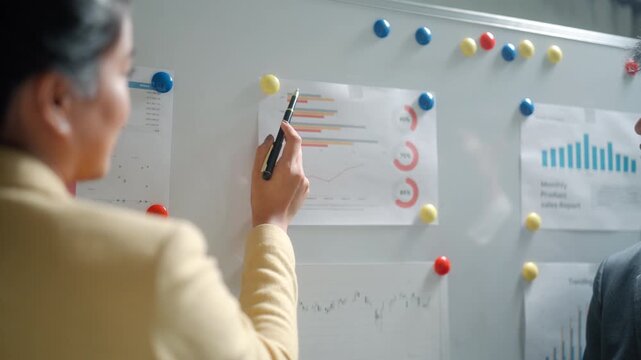 Businesswoman Analyzing Charts on Office Board