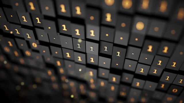 Looping abstract 3D background with glowing binary numbers on black geometric blocks, creating a high-tech data wall for programming, computing and cyber themes.