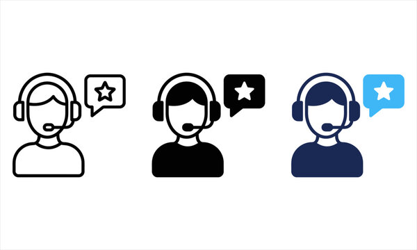 Customer service agent icon set featuring support headset and star rating.