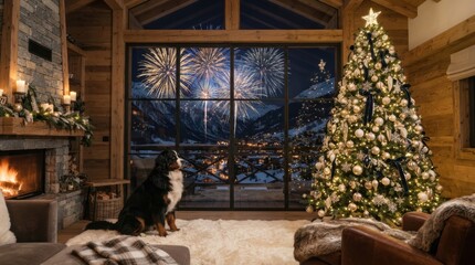 Fototapeta premium Cozy mountain chalet with dog, Christmas tree, and fireworks display