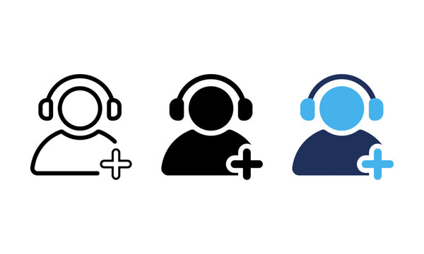 Customer support agent icon with blue headset for remote contact center.