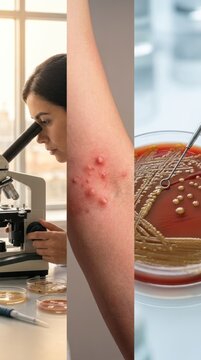 Staphylococcus infection analysis: human skin, observe bacterium, culture growth, medical research, laboratory develop, cellular view, disease process, scientific finding.