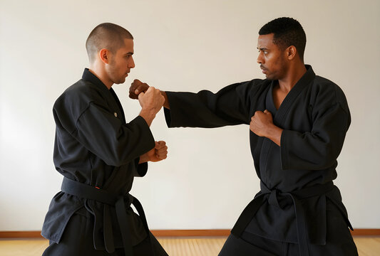 Two men in black martial arts uniforms practicing self-defense techniques with focused expressions indoors, Their expressions show intense focus and concentration during the practice
