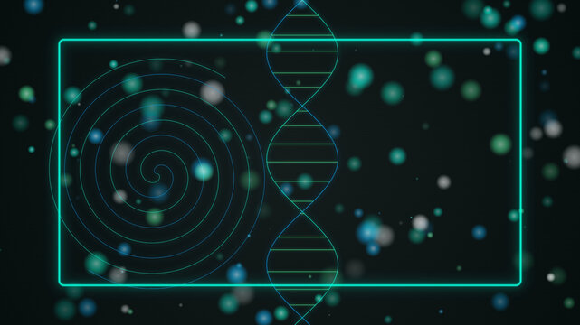 Dna helix and circular target pattern inside a glowing cyan frame