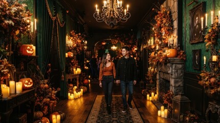 Naklejka premium Couple walks through a dimly lit hallway decorated for Halloween