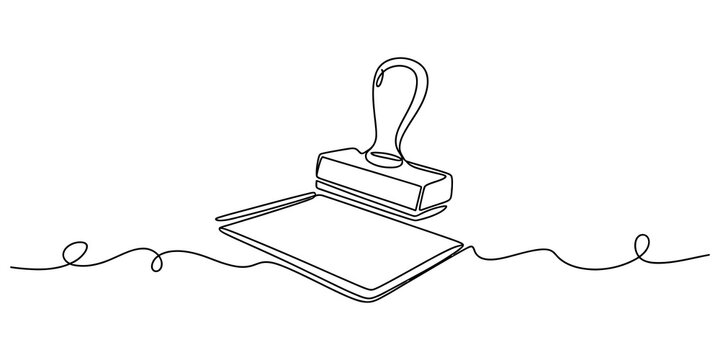 Continuous line drawing of a rubber stamp and paper document Vector, illustration