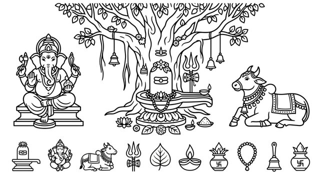 Hindu Deity Ganesha, Shiva Lingam, and Sacred Cow