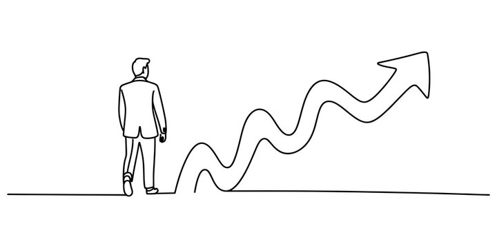 Businessman standing and looking at a rising growth arrow line drawing Vector, illustration