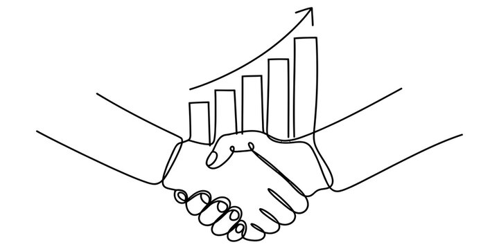 Continuous one line drawing of a handshake with a growing bar chart representing business success and partnership isolated on white background Vector, illustration