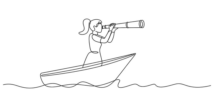 Continuous line drawing of a woman in a boat looking through a telescope at the horizon Vector, illustration