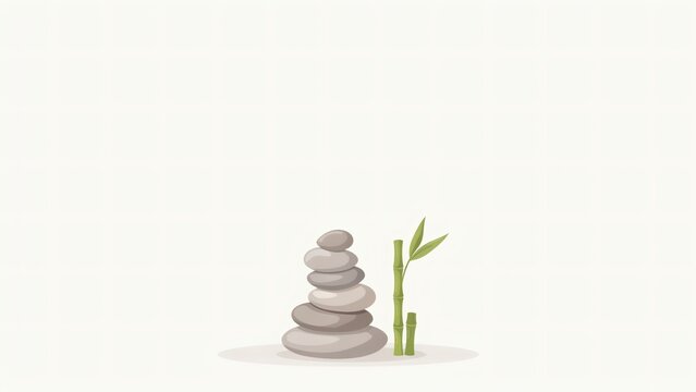 Minimalist zen stacked stones beside small bamboo stalks against clean neutral off white background with grey stones positioned light colored surface