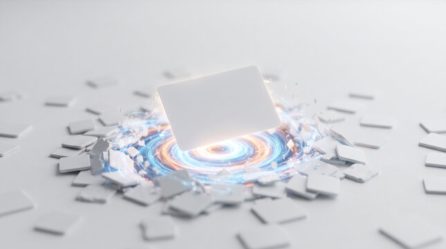 A blank white rectangular card floating above a glowing circular portal on a white surface ad social media download thambnail poster web template event festival 2026 2027 2028